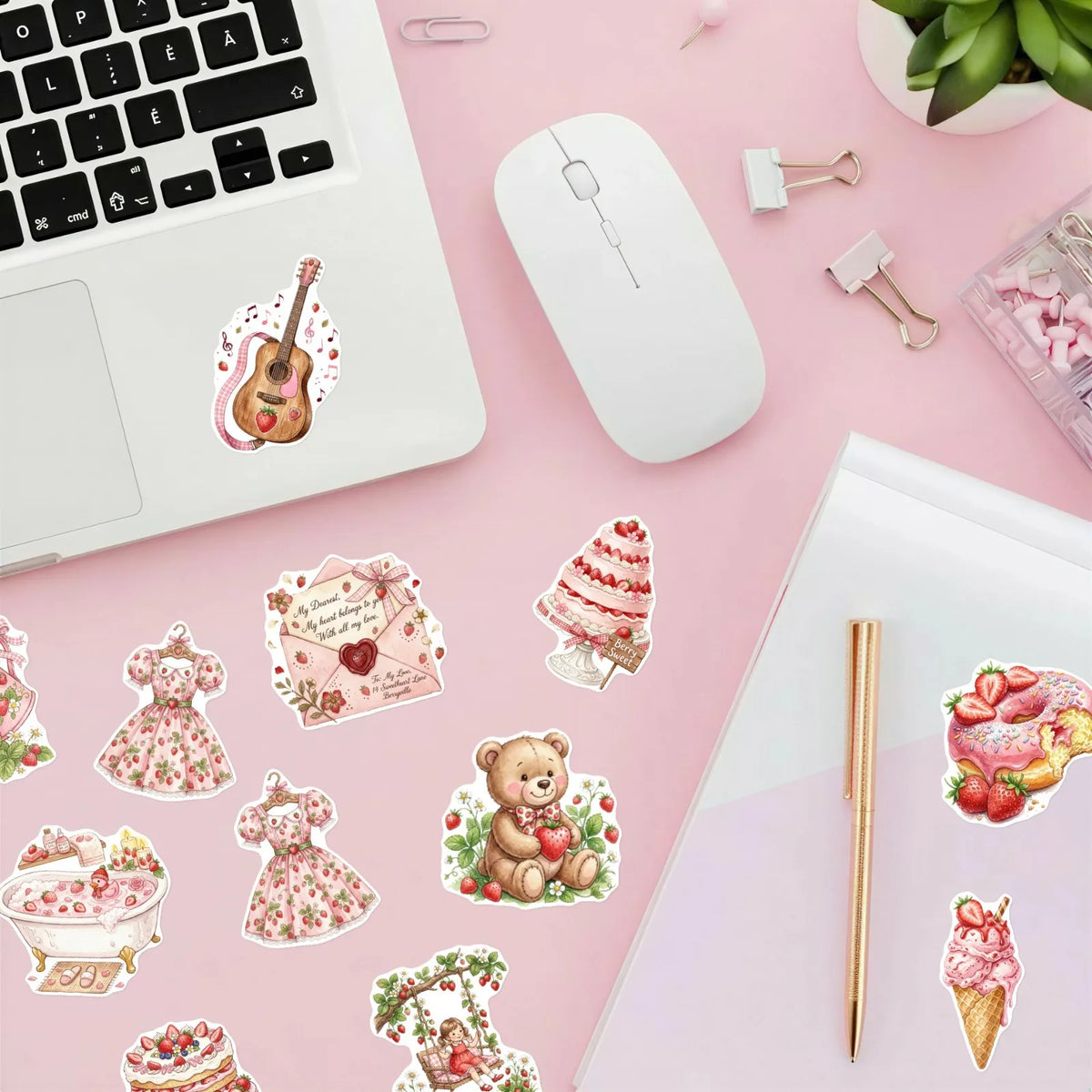 stickers vintage fraises motifs floraux animaux mignons rose blanc vert rouges adhésifs doux mignons