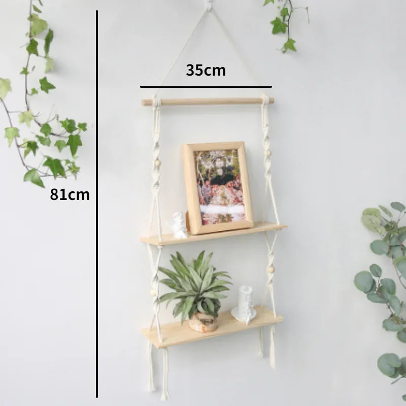 étagères suspendues macramé boho rustique étagères plantes vase céramique cadre photo coussin franges