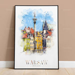 Une illustration impressionniste de l'architecture colorée de la vieille ville de Varsovie en Pologne, avec une colonne ornée au premier plan.