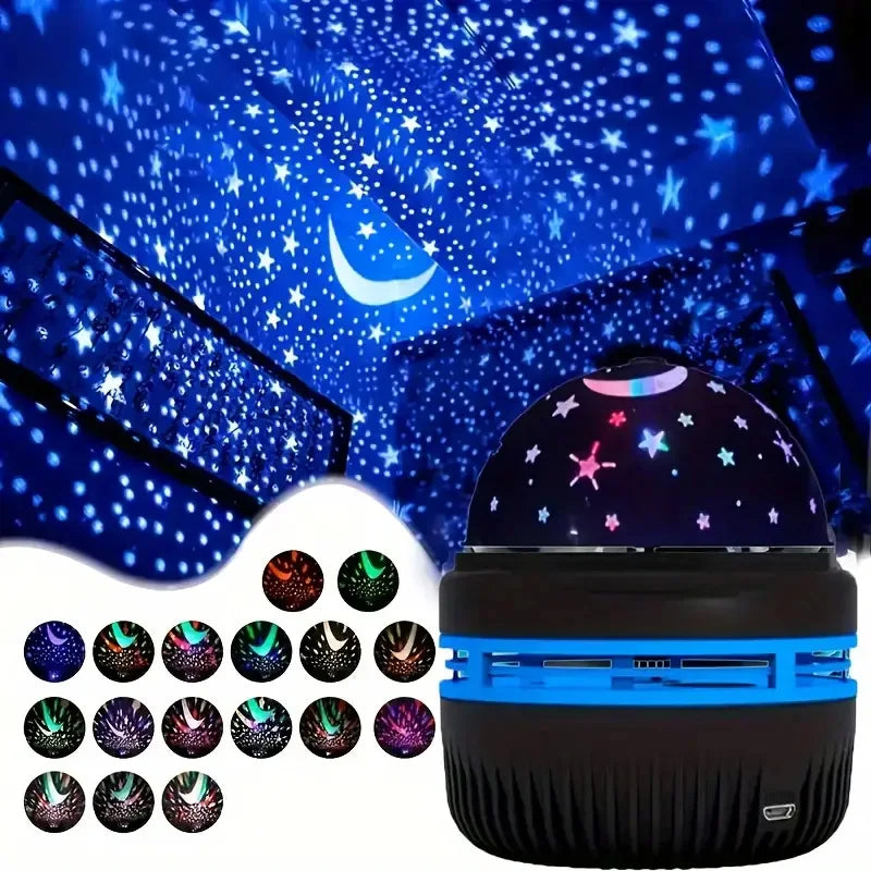 projecteur étoiles led multicolore veilleuse moderne chambre décoration lune étoiles géométrique noir bleu ambiance