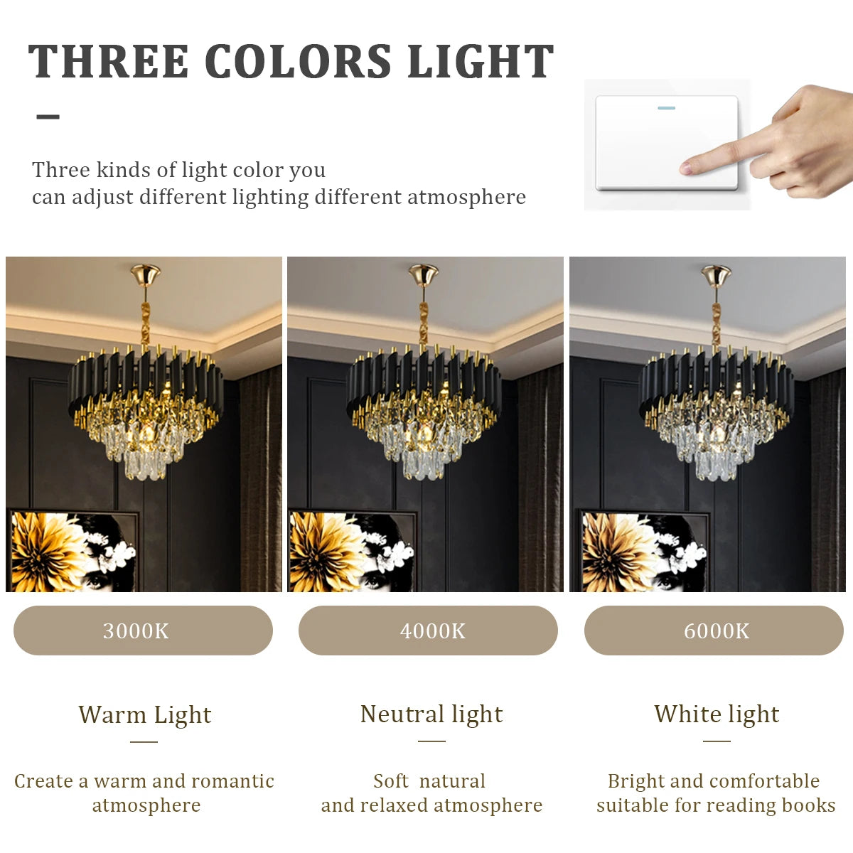 lustre contemporain élégant noir doré cristal transparent ampoules led 100cm large
