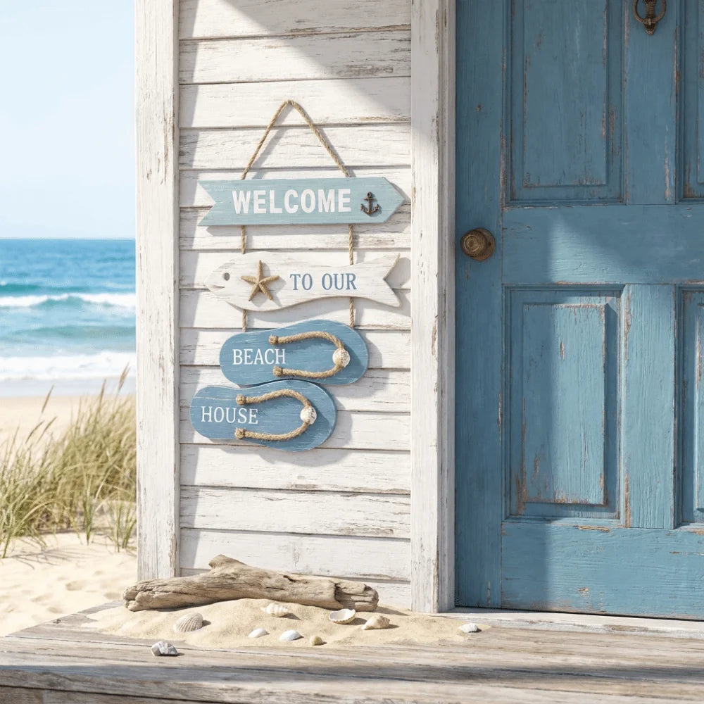 panneau decoratif mural bois bleu clair sandales étoile mer welcome texte plage rustique