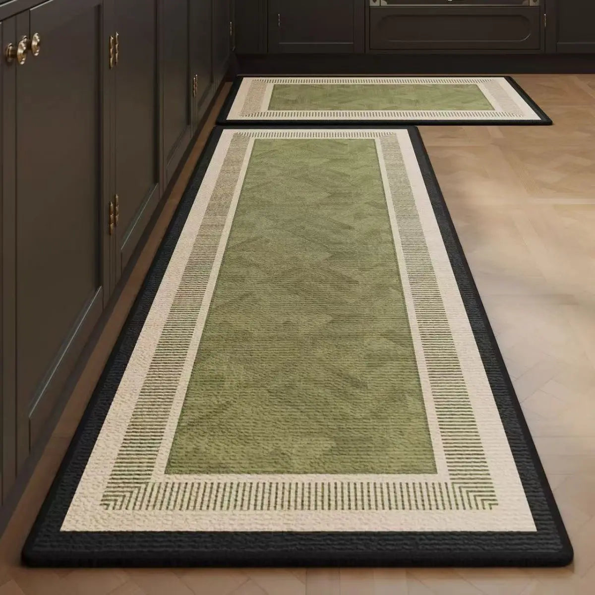 tapis acrylique antidérapant vert beige noir patchwork moderne rustique