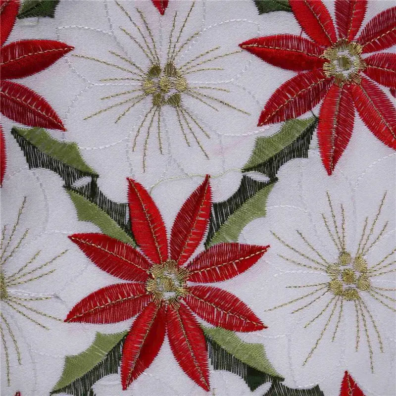 ruban decoratif noel brode fleurs poinsettia houx dorures classique blanc rouge vert festive