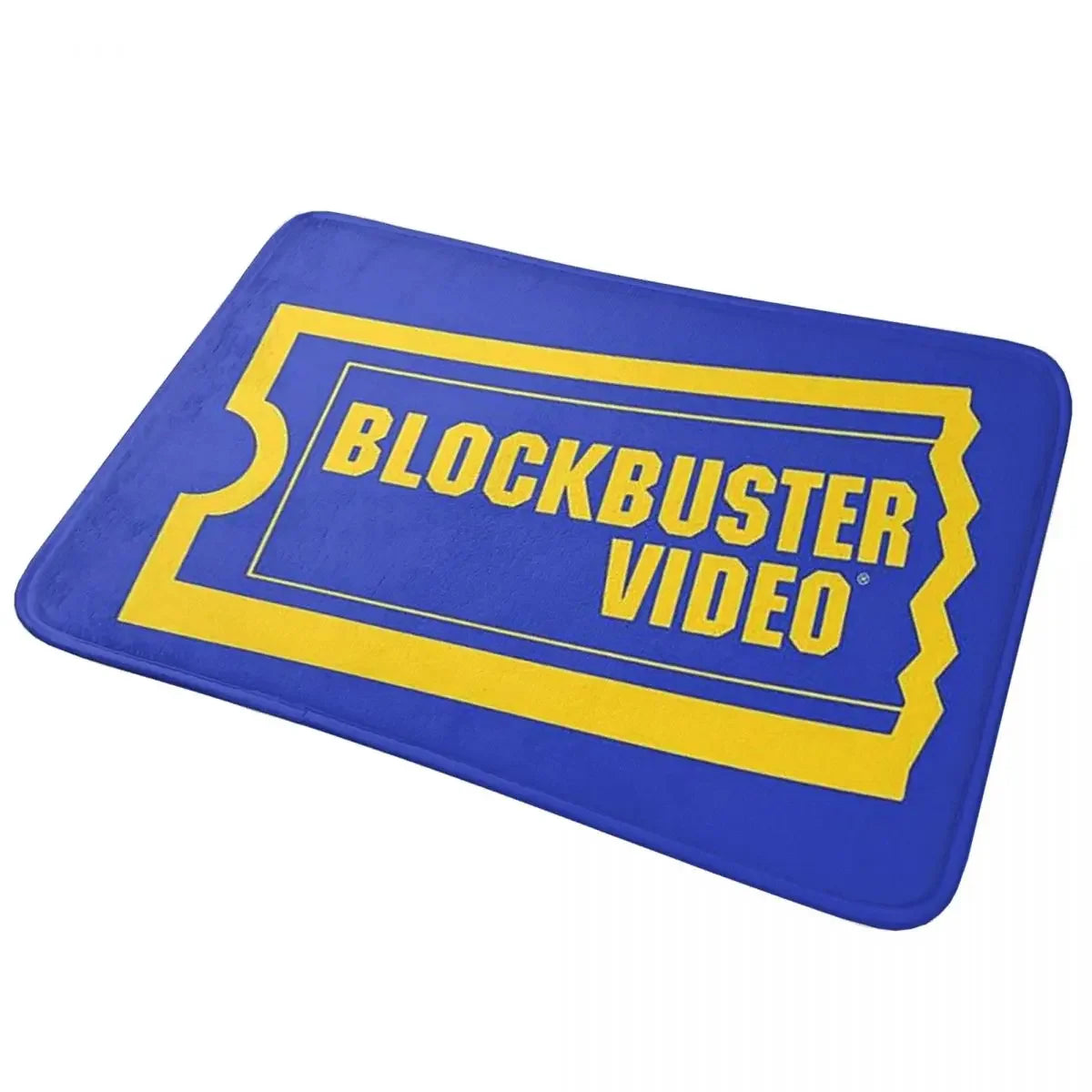 tapis sol antidérapant imperméable coton polyester bleu foncé jaune motif blockbuster video rétro duveteux