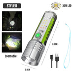 lampe torche rechargeable led 30w lumiere intense argentee vert aimants puissants mode regulation zoom