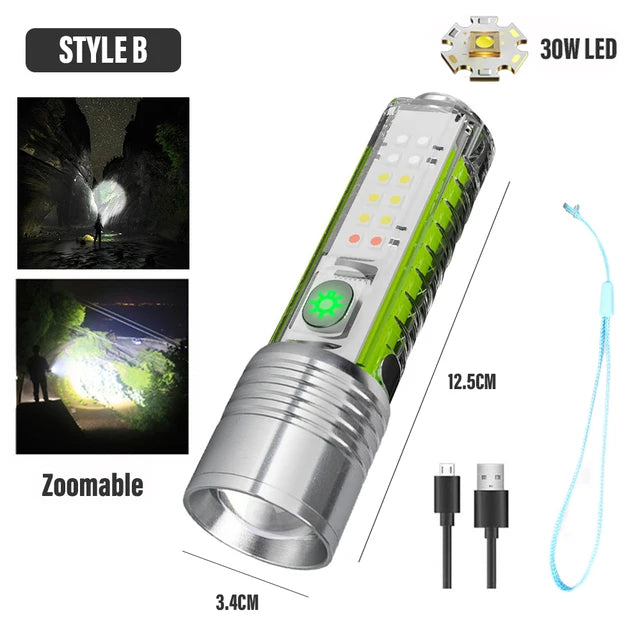 lampe torche rechargeable led 30w lumiere intense argentee vert aimants puissants mode regulation zoom