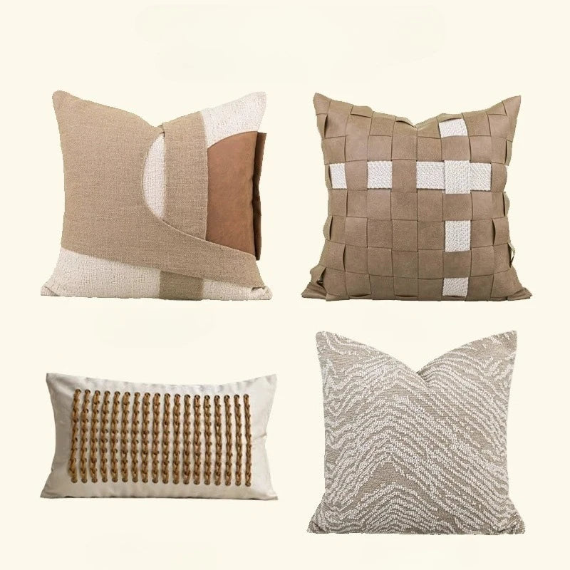 taies d'oreiller géométriques patchwork moderne lin polyester beige marron clair blanc respectueux environnement
