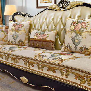 housse canapé jacquard polyester or marron floral antidérapante coussins brodés baroque