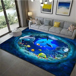 tapis moderne paysage aquatique poissons dauphins bleu vert gris salon chambre salle bain 120x160cm