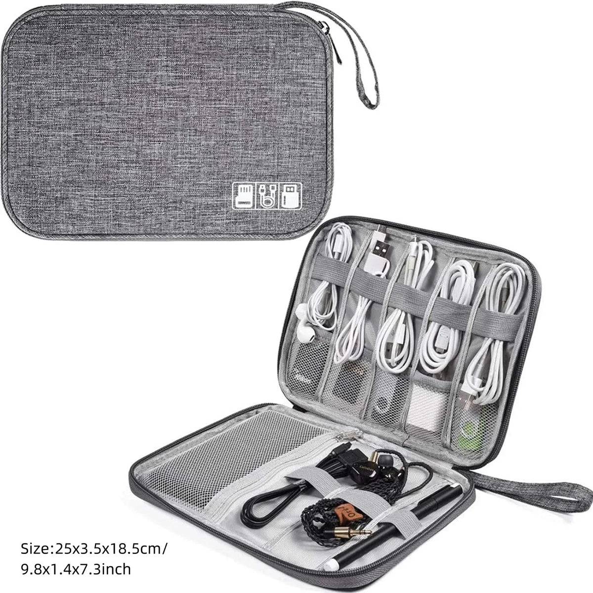 Sac bandoulière gris tissu uni pratique zipper bijoux accessoires chargeur câbles montres