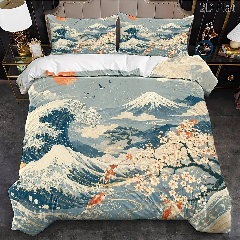 housse couette ukiyo vague carpes koï fleurs cerisier taies oreiller lit japonais motifs artistiques