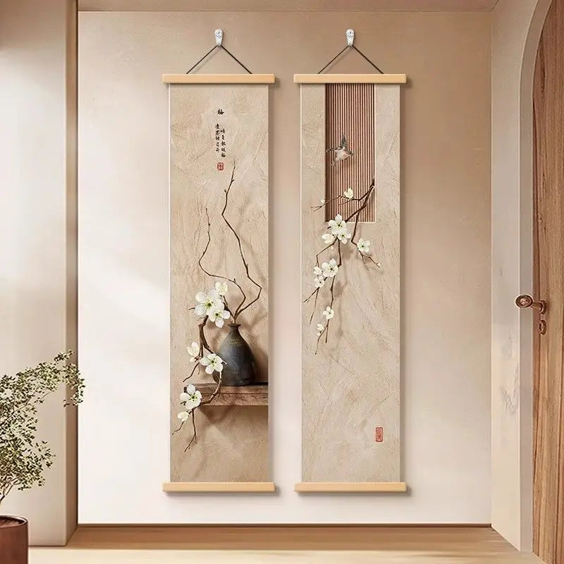 tableaux suspendus moderne minimaliste beige noir branches fleuries texture marbrée support bois chambre salon