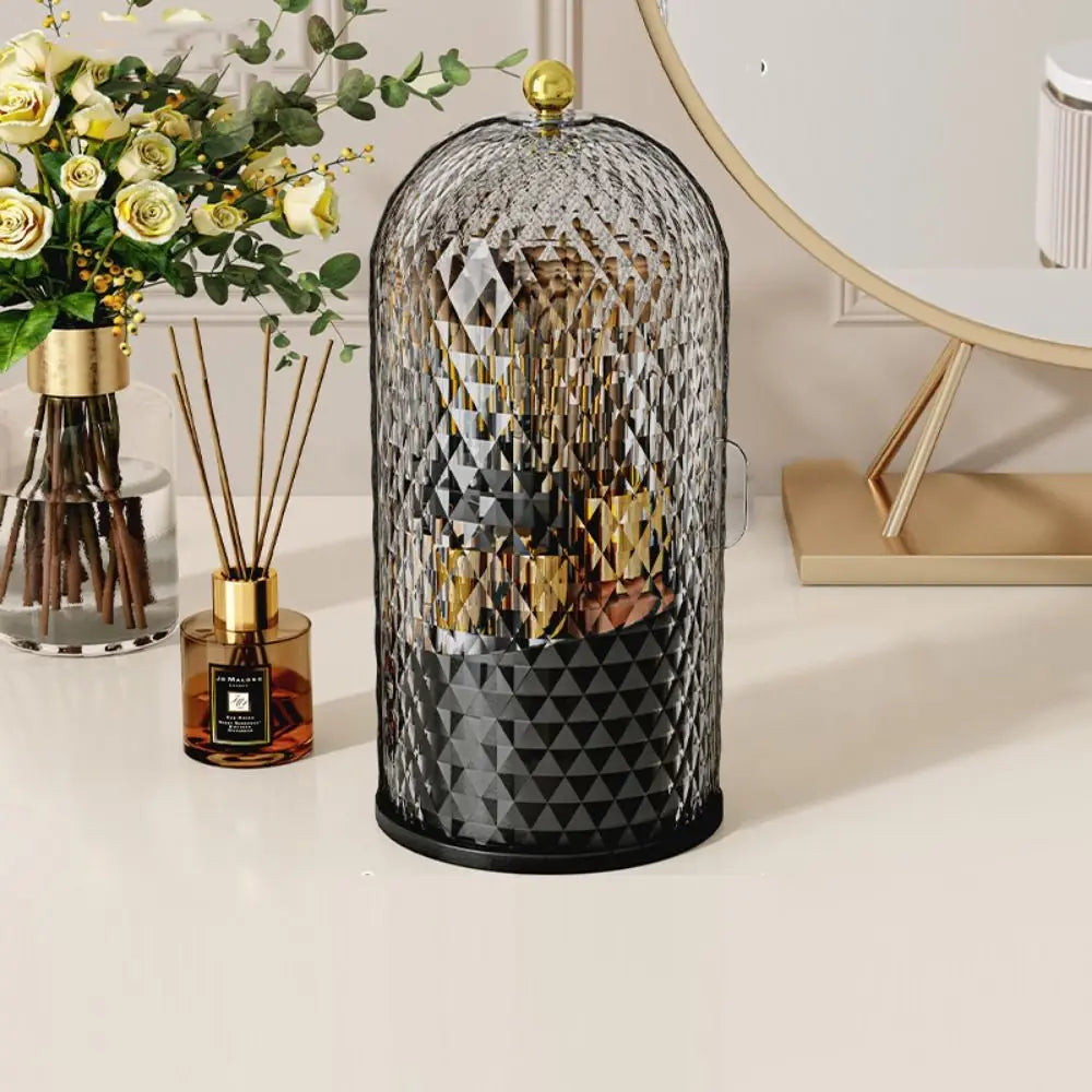 rangement rotatif transparent cosmétiques compartiments texturés surface losanges élégant décorationreuse compartments réutilisable doré poignée