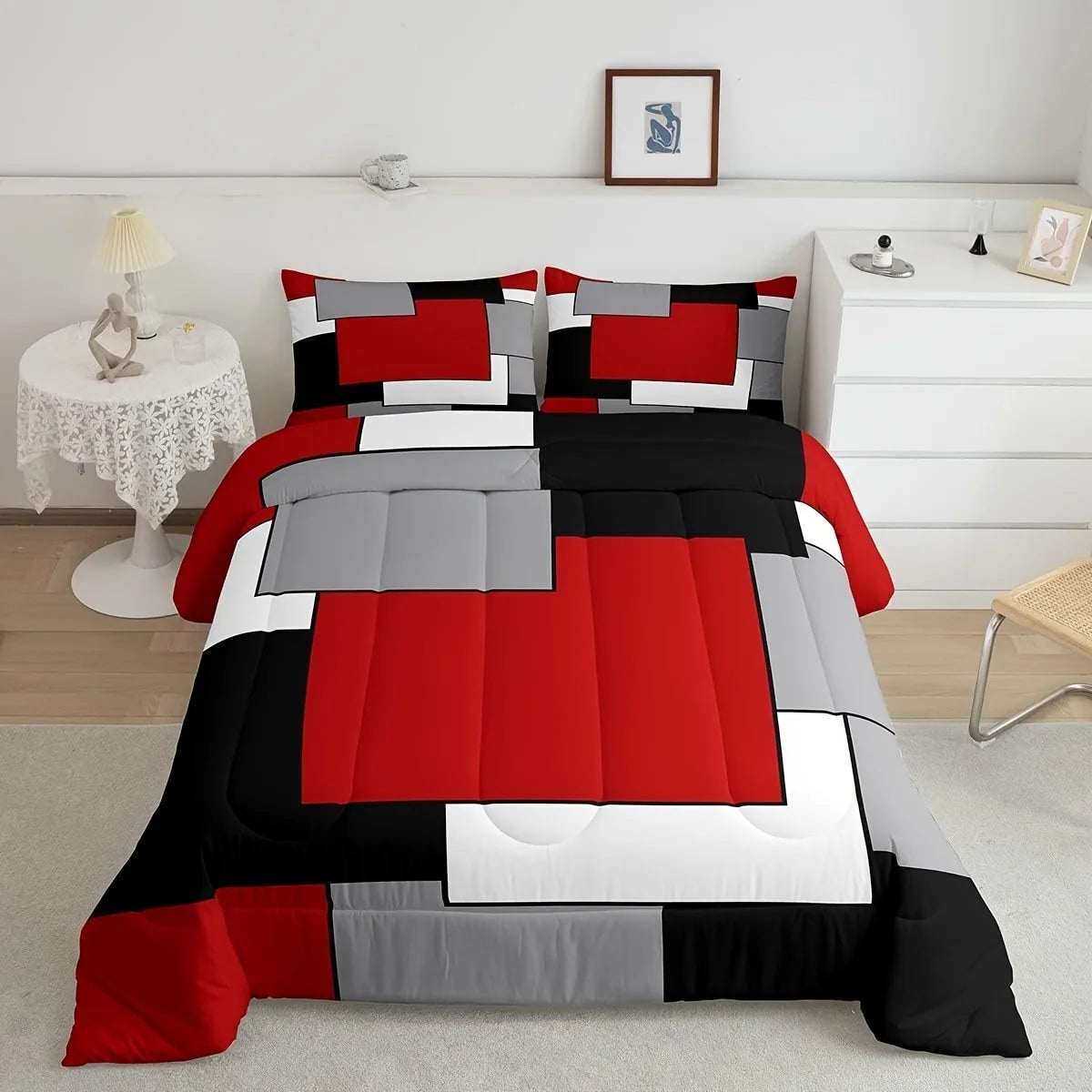 parure lit ensemble housse couette patchwork géométrique moderne orange noir gris blanc