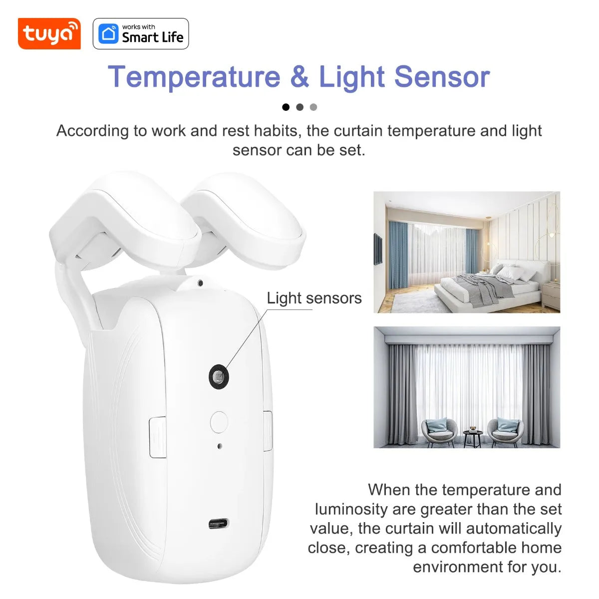 Robot rideau intelligent blanc moderne contrôle app batterie incluse switch manuel lumière température