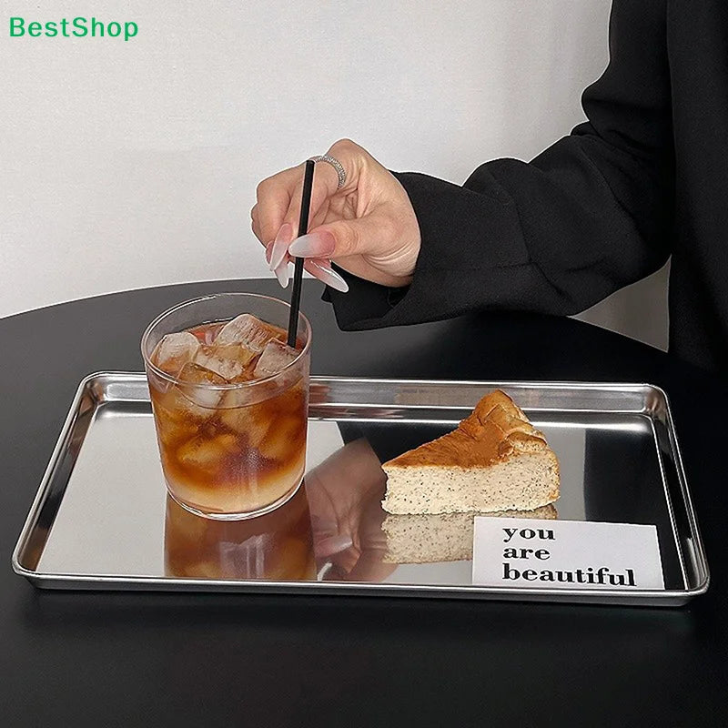 plateau rectangulaire argenté lisse moderne service table gâteau boisson pain