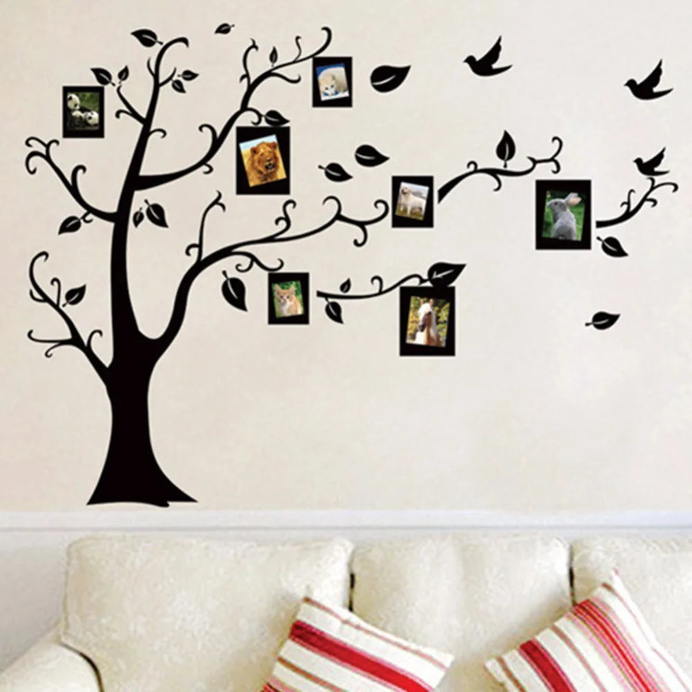 sticker mural arbre moderne noir branches feuilles oiseaux cadres photo 50x70cm