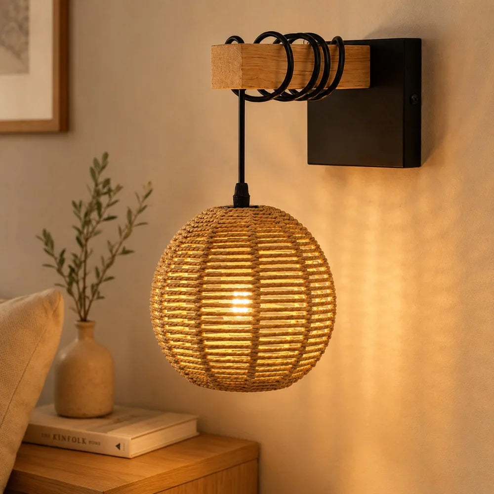 lampe murale moderne rustique marron clair corde bambou tissée plaque fixation câble noir 17cm