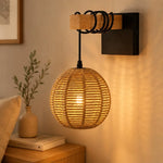 lampe murale moderne rustique marron clair corde bambou tissée plaque fixation câble noir 17cm
