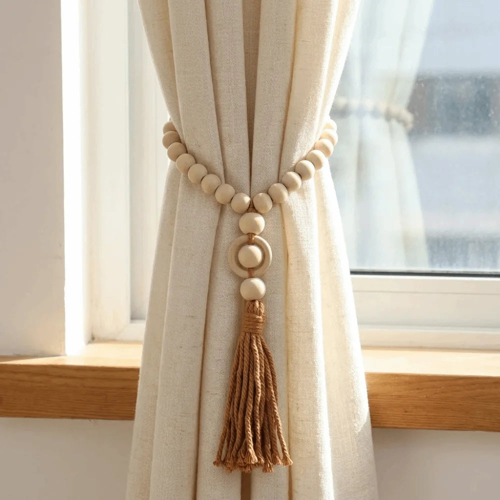 boucles rideau bois pompons boho chic beige rose gris blanc