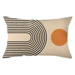 coussin rectangulaire polyester motif géométrique moderne beige orange noir blanc respectueux environnement qualité maison