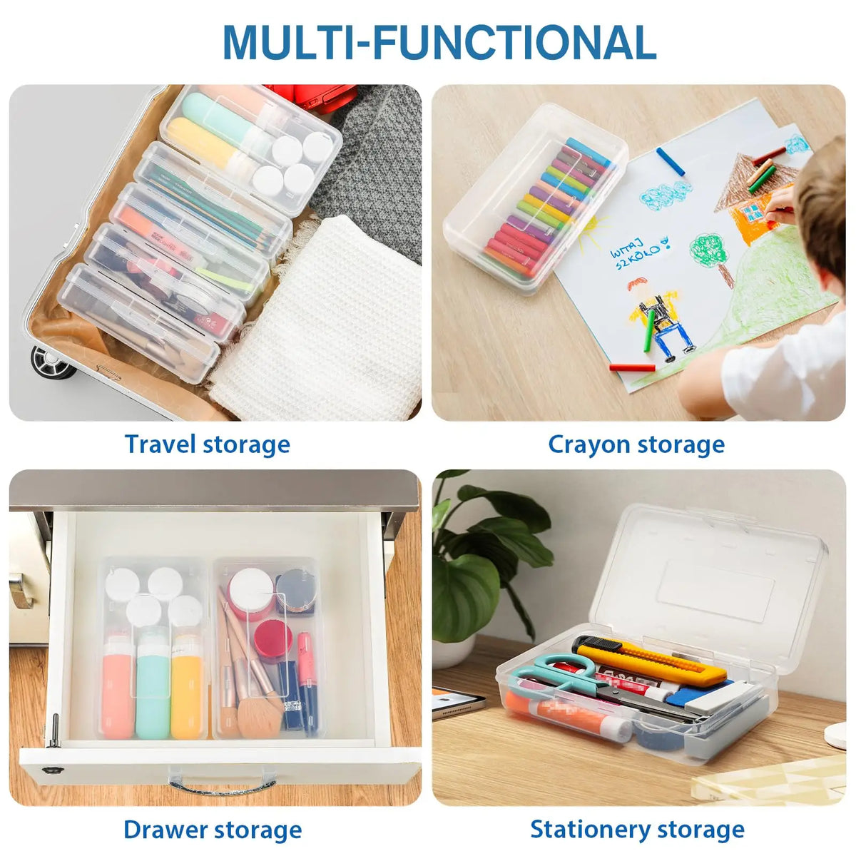 boîtes rangement fournitures scolaires rose bleu jaune transparent texture mat pratique moderne cliquet fermé
