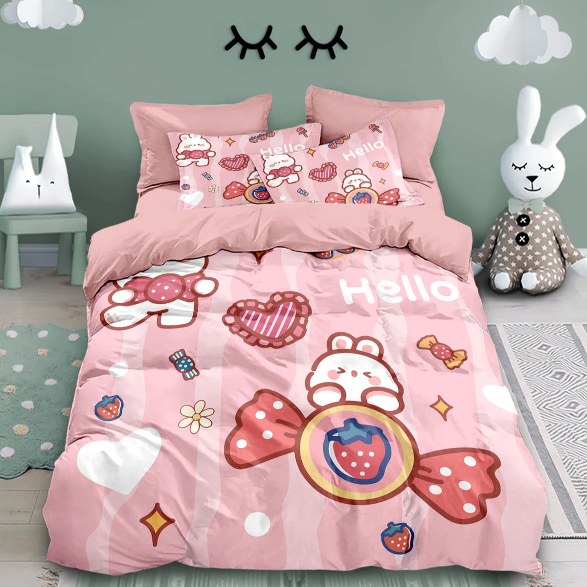 ensemble literie enfantin motif lapins fraises coeurs rose bleu hello so cute carotte