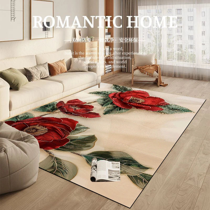 Cette image représente un intérieur de maison avec un grand tapis orné de fleurs rouges épanouies sur un sol en bois clair. Le mobilier, les rideaux et le texte sur le mur créent une ambiance romantique et chaleureuse dans cette pièce.