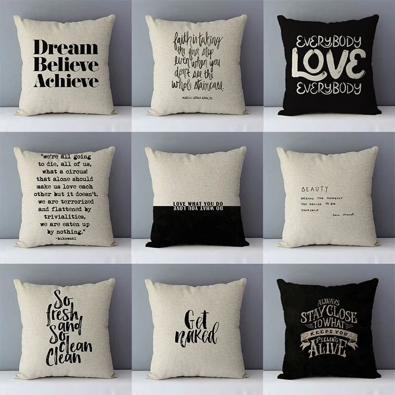 housse coussin carré imprimé lettres beige noir simple décoration maison voiture 45x45cm polyester