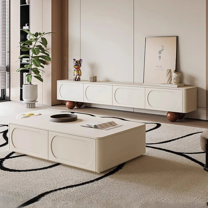 meuble tv moderne bois simple salon étagère blanche accessoires deco table basse minimaliste