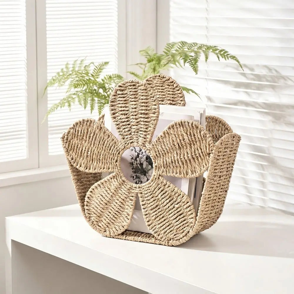 panier tressé bohème rangement livres magazines fleuri couleur beige naturel rustique intérieur decoration