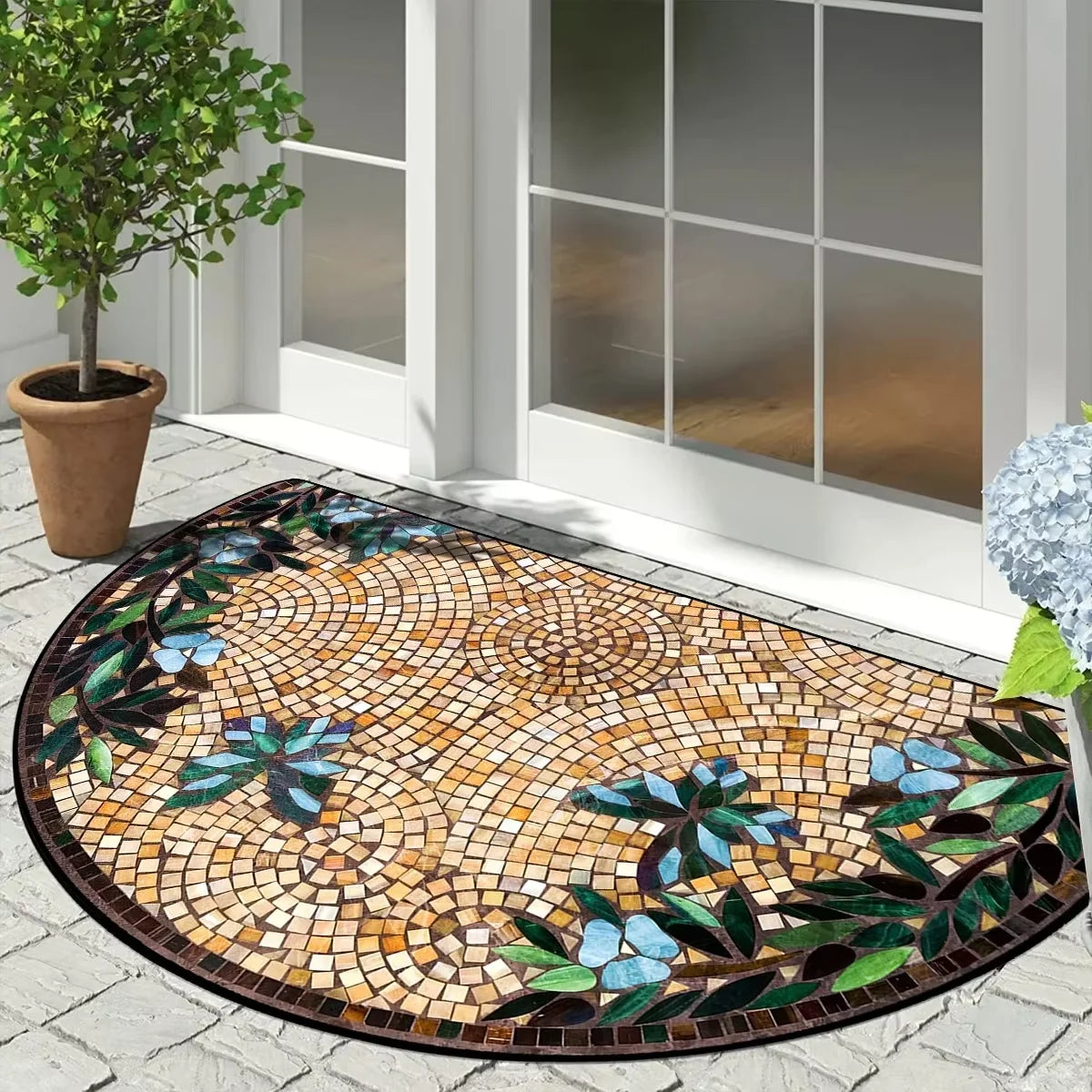 tapis d'entrée mosaïque multicolore motif fleurs feuilles décoratif moderne antidérapant intérieur extérieur salon porte