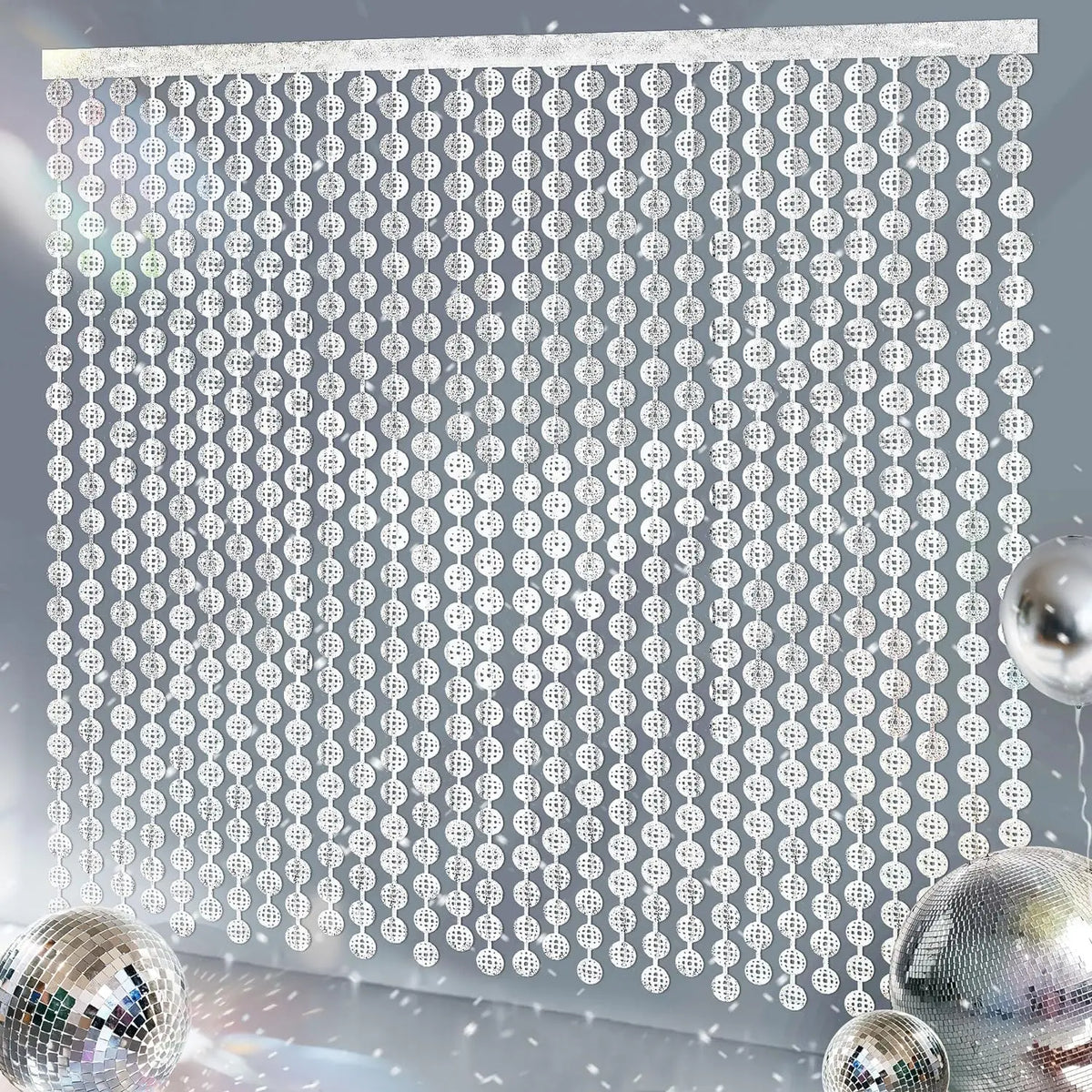 rideau decoratif disco festif cercles geometriques argent bleu semi transparent moderne event anniversaire mariage
