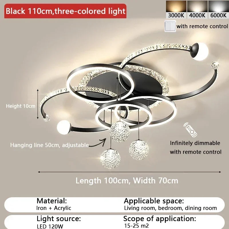 plafonnier moderne noir blanc or strass boules pendantes circulaire certifié