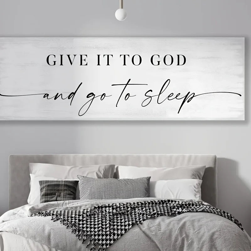 Toile d'art murale moderne 'Donnez-le à Dieu et allez dormir' en blanc