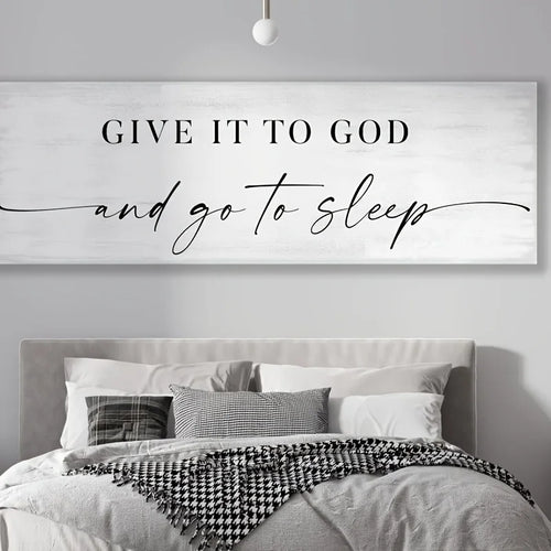 Toile d'art murale moderne 'Donnez-le à Dieu et allez dormir' en blanc