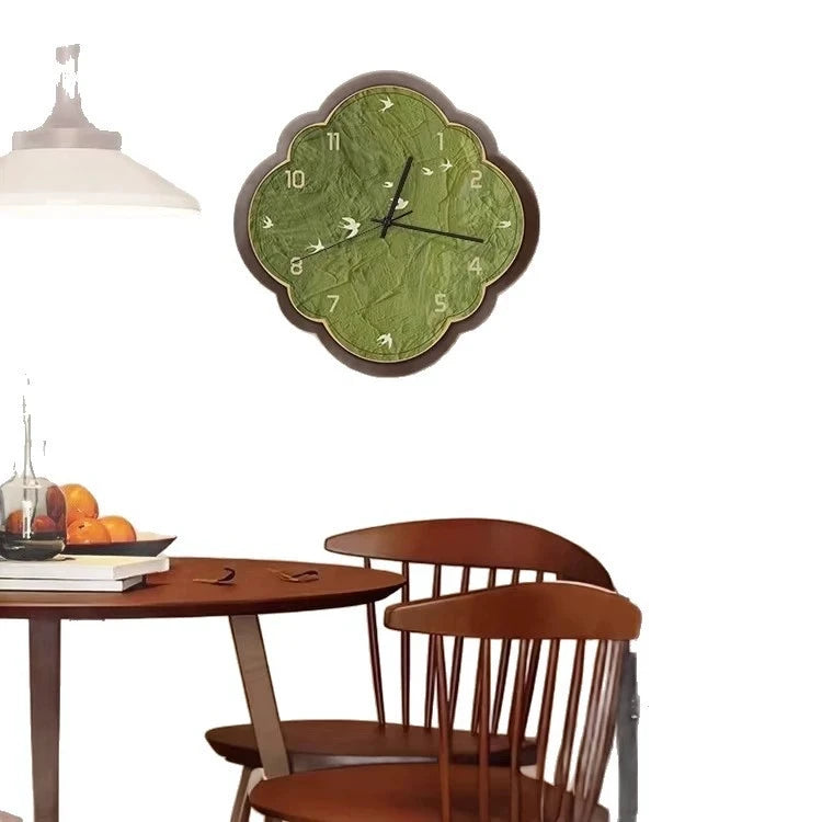 horloge murale moderne motif feuilles vert clair bois bambou salon étude quartz aiguille