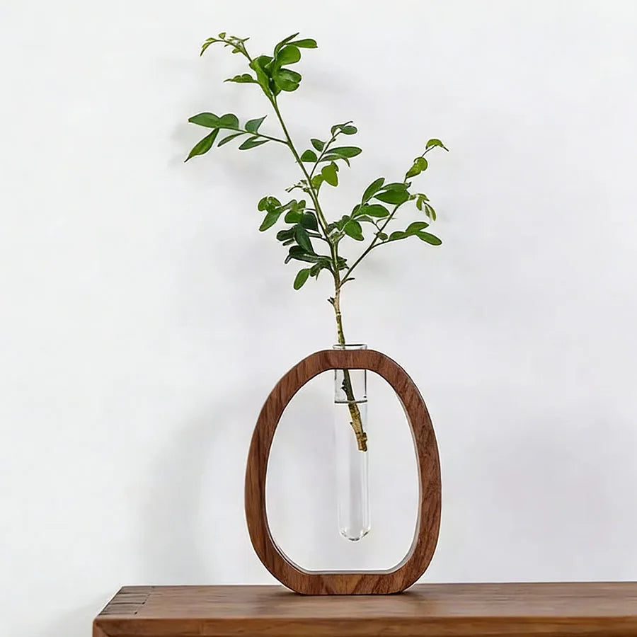 vase hydroponique verre transparent bois marron minimaliste moderne japonais fleurs feuilles théière tasse