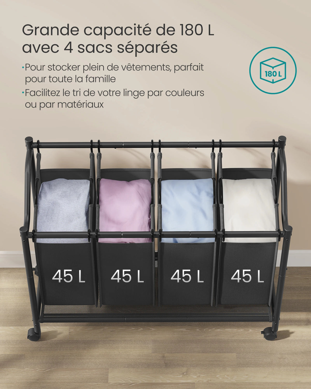 Chariot à linge avec roulettes montrant les sacs détachables
