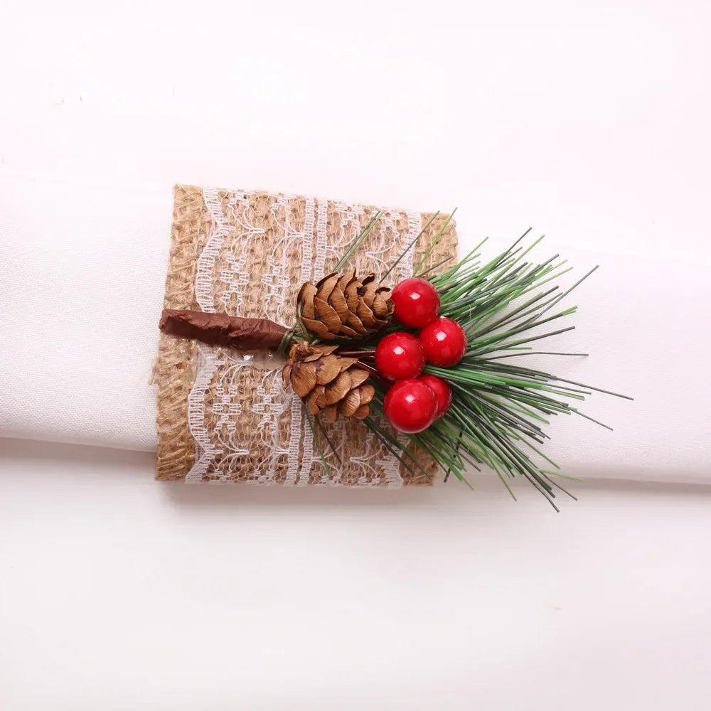 porte serviettes decoratifs burlap dentelle noel branches sapin pommes rouges cones pin festive rustic