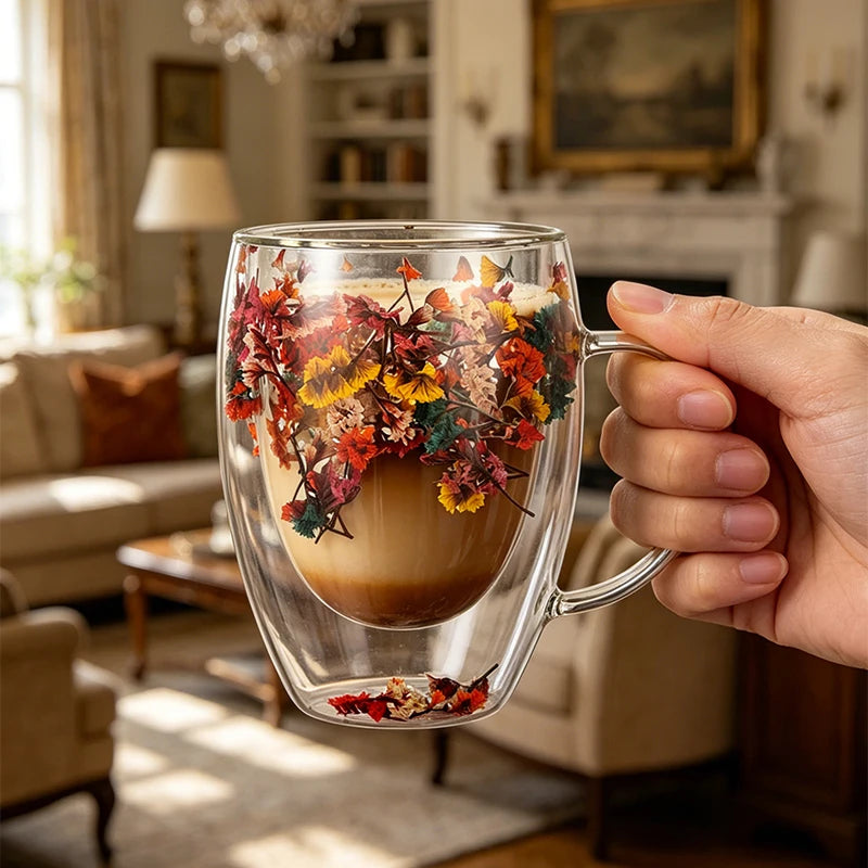 tasse verre double paroi fleurs séchées transparente poignée 380ml résistante chaleur déco floral