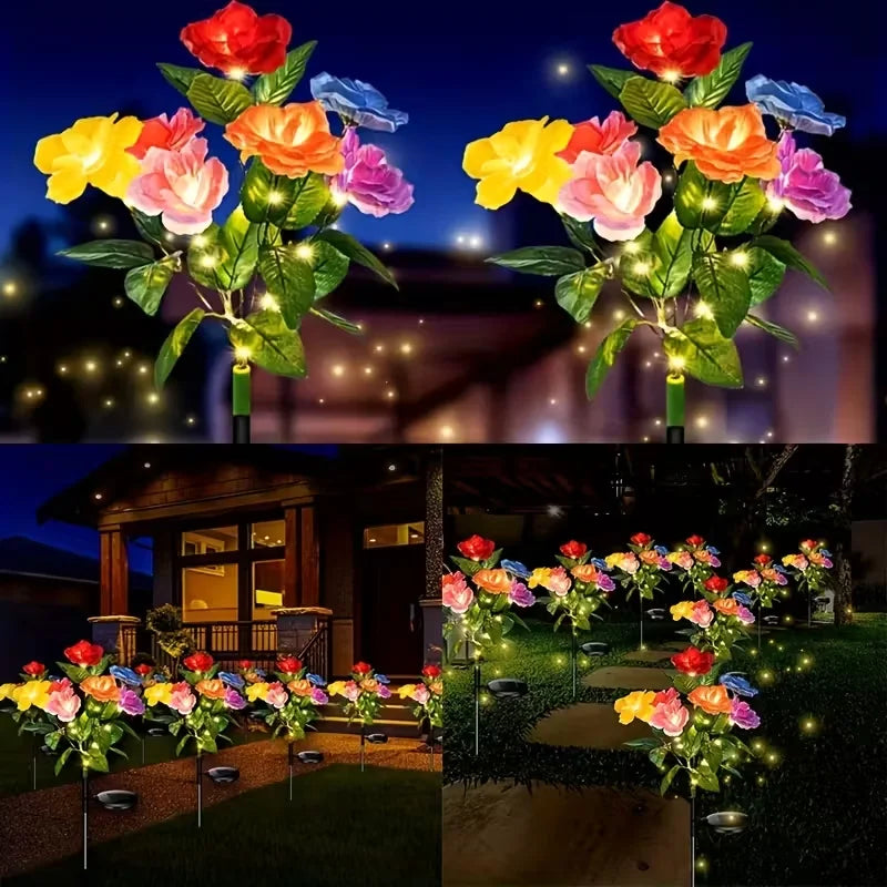 bouquet lumineux solaire fleurs artificielles rouge rose jaune bleu vert moderne clips solairesextérieur jardin