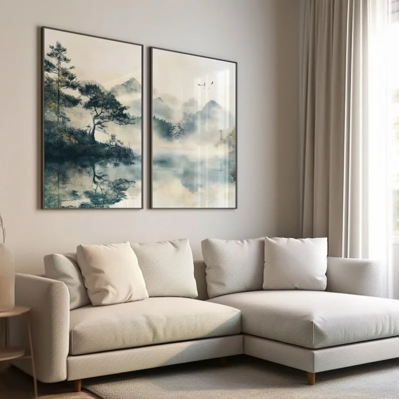 tableaux toile moderne minimaliste paysage abstraits nuages montagnes arbres bleu gris beige noir blanc