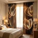 rideaux imprimés fleurs dorées fond noir contemporains élégants salon chambre coucher opaques polyester
