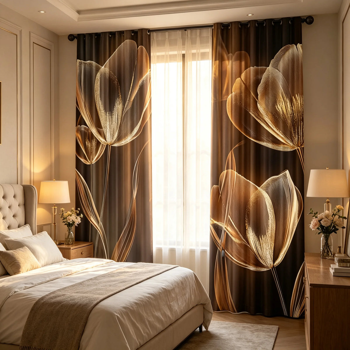 rideaux imprimés fleurs dorées fond noir contemporains élégants salon chambre coucher opaques polyester
