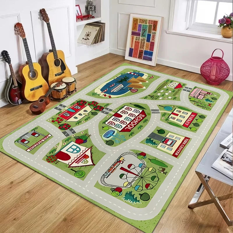 tapis jeu enfants thème urbain personnages animés rues voitures blanc rose