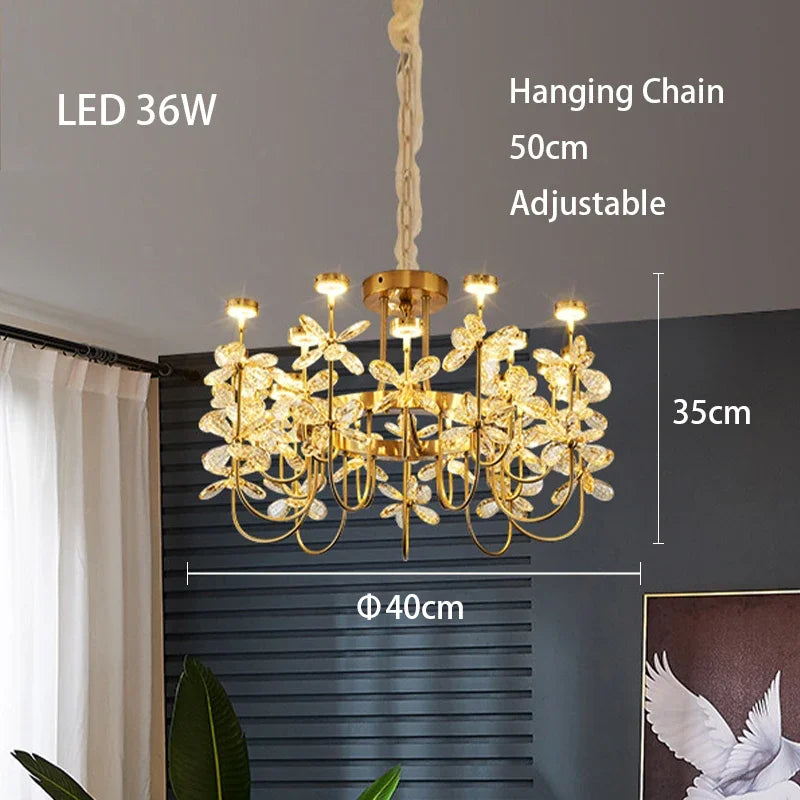 lustre or cristal transparent fleurs classique suspension chaines led moderne