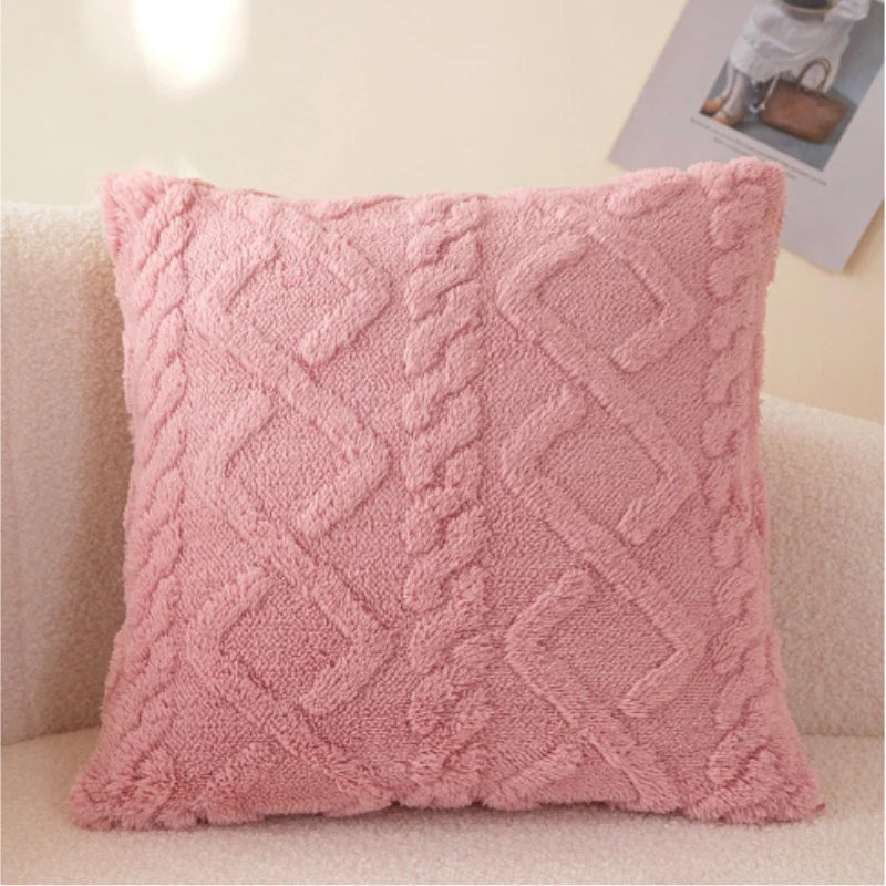 taies oreiller peluche jacquard géométrique couleurs rose beige bleu moderne salon chambre lit