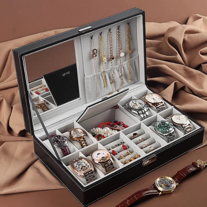 boîte bijoux simili cuir moderne noir gris vert rangements montres accessoires plaques verre miroir